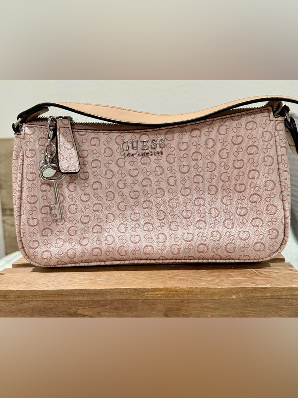 GUESS Pink Monogram Mini Shoulder Bag with Silver Accents